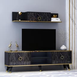 Modern TV-meubel met Wandrek - Glanzend Zwart Design Kast - 160 cm Breed — thumbnail 1