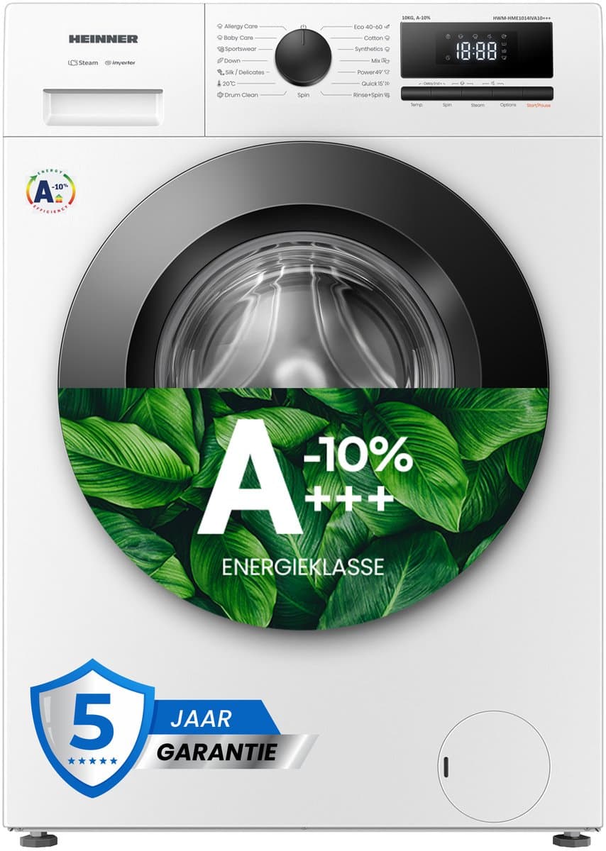 Heinner HWM-HME1014IVA10+++ Wasmachine - 10 kg - 1400 tpm - Energieklasse A-10% - Stoomfunctie met Allergy Care & Baby Care - 15 Programma’s - Quick Wash 15 min - Inverter Motor - Wit - 5 Jaar Garantie — afbeelding 1
