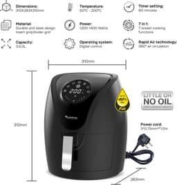 TurboTronic AF9D Digitale Airfryer - Heteluchtfriteuse - 3,5 Liter - Zwart/Zilver — thumbnail 4