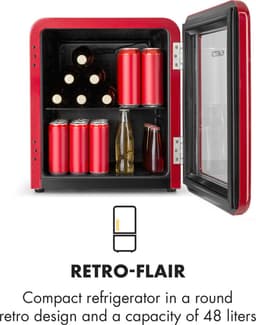 Klarstein PopLife Drankenkoeler - Minibar, Retro Koelkast, 0-10°C, slechts 39 dB, 48 L, milieuvriendelijk, dubbelwandige deur, retro design, rood — thumbnail 6