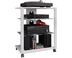 VCM hifi-kasten, platenspelerkast, stereokast, hifi-rekken, routerstandaard, hifi-rekken en -standaards, witte platenspelerstandaard, draaitafelstandaard met opbergruimte voor vinylplaten, platenspelermeubel, glazen tv-meubel, mediameubel