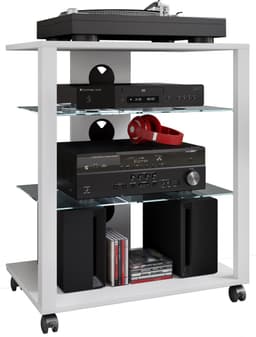 VCM hifi-kasten, platenspelerkast, stereokast, hifi-rekken, routerstandaard, hifi-rekken en -standaards, witte platenspelerstandaard, draaitafelstandaard met opbergruimte voor vinylplaten, platenspelermeubel, glazen tv-meubel, mediameubel — thumbnail 1