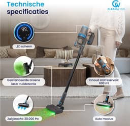 CleanWise Rita – Steelstofzuiger Draadloos met Kruimeldieffunctie – Zonder Zak op Accu – 30kPa Zuigkracht – Groene Laser – HEPA 14 Filter – Lichtgewicht 1,5 kg – Tot 60 Min Accuduur – Voor Huisdierharen – Nederlands Product — thumbnail 8