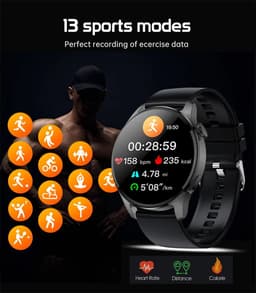 DrPhone ModelX5 - Metalen Smartwatch 46mm - A-GPS - Sport Mannen - Touchscreen - Berichten - Bluetooth Bellen + Extra Siliconen Band - Zwart — thumbnail 9