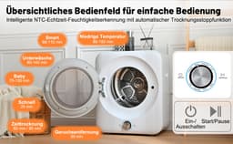 Re-purelife® mini wasdroger 3 kg met 8 programma's - compacte luchtafvoerdroger van staal en ABS - wandmontage mogelijk met dubbel filter en NTC-sensor - modern design - wit - 53,5 × 42 × 65 cm — thumbnail 17