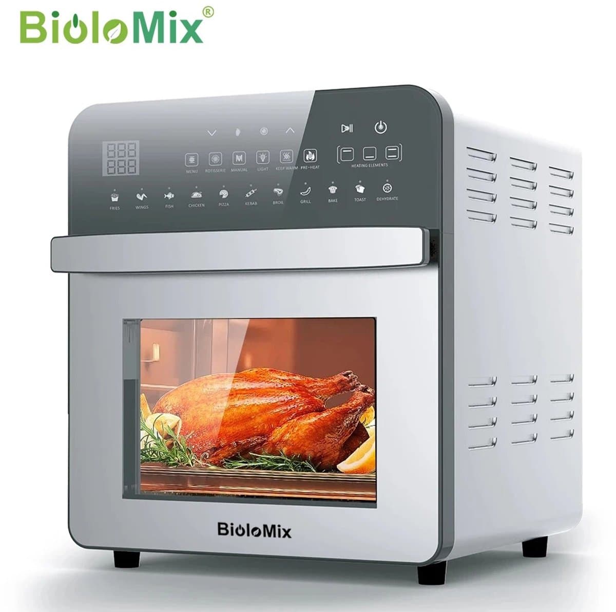BioloMix Airfryer Oven 15L van RVS - Heteluchtfriteuse & Mini Oven met Dubbele Verwarming - Olievrij Frituren - Oven, Broodrooster, Draaispit & Dehydrator - Transparante Touchscreen Oven - 1700W - Groot Formaat voor Gezin — afbeelding 1