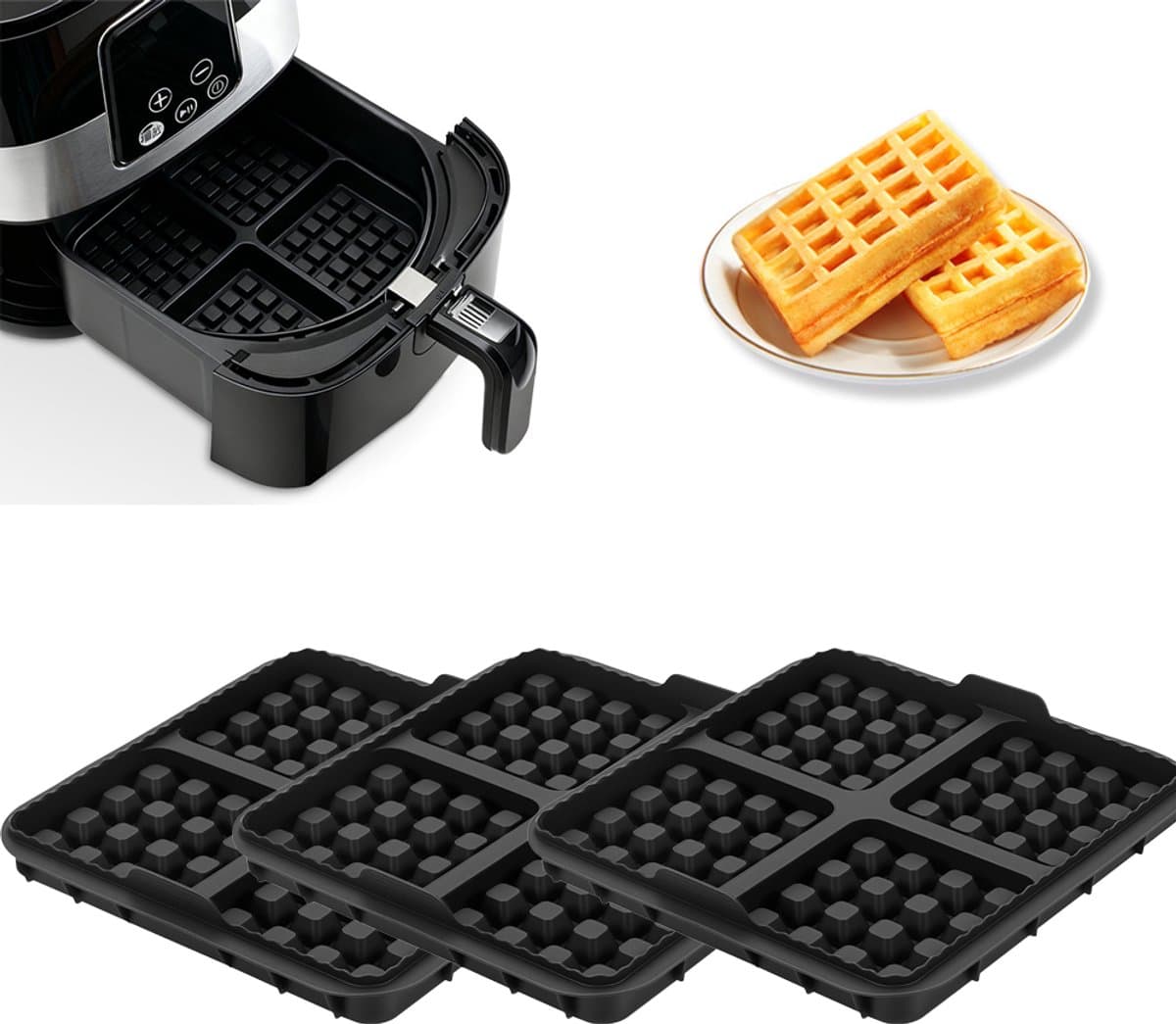 3 stuks wafelinzetstukken - geschikt voor Philips Airfryer 2000 Series NA229/00 - 24*18*4cm - zwart — afbeelding 1