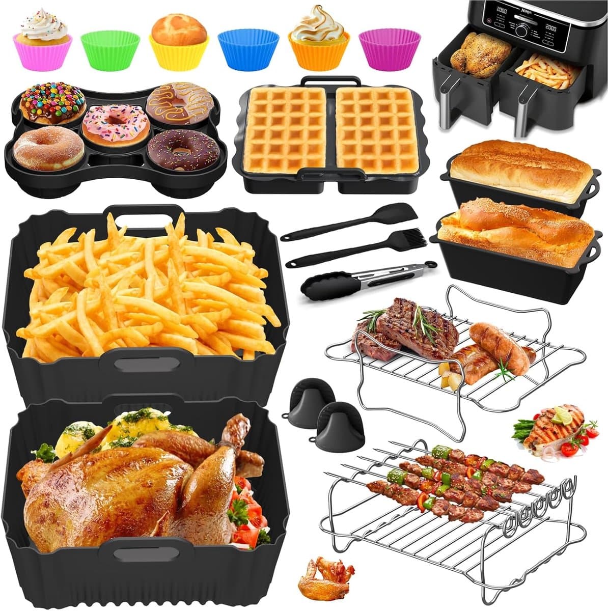 Ninja Heteluchtfriteuse Accessoires - Airfryer Accessoires Gescht voor Ninja Foodi Max Dual Zone AF400EU AF451EU 9,5L, Siliconenvorm Heteluchtfriteuse voor Russell Hobbs 2 Kamers 9L — afbeelding 1