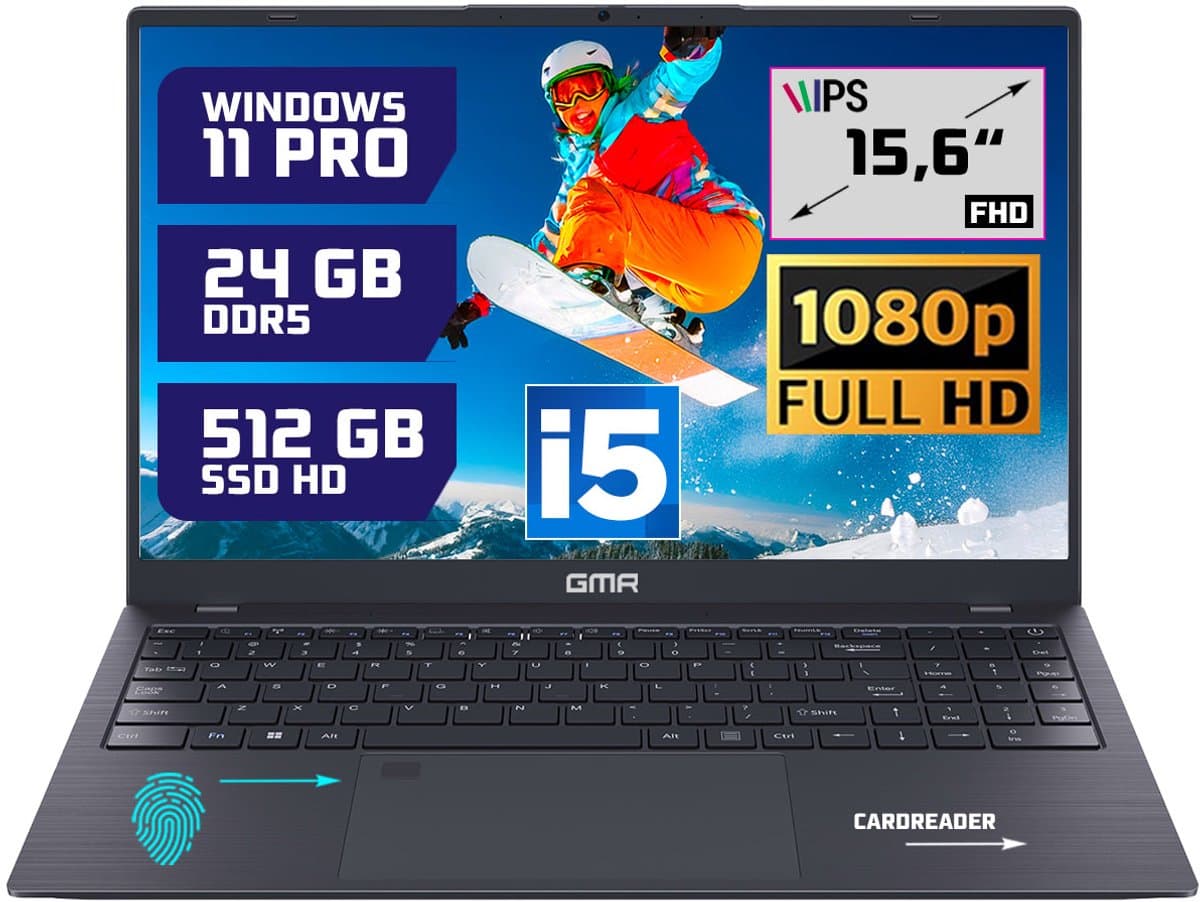 GMR - 15.6 Inch Full HD Laptop - Intel Core i5 - 24GB DDR5 RAM - 512GB SSD - Windows 11 Pro voor Thuis, Office en Studie notebook — afbeelding 1