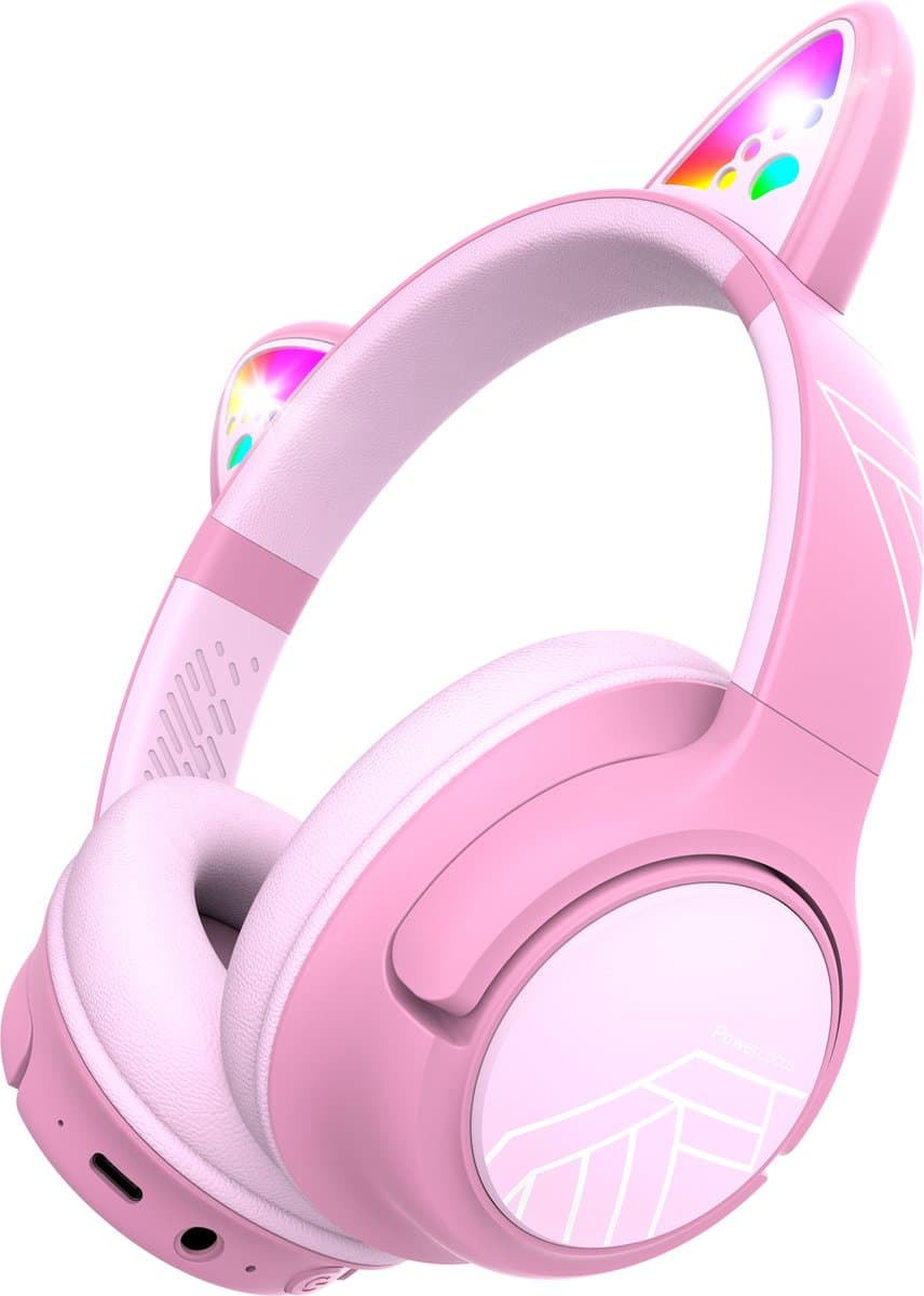 PowerLocus Bobo - Draadloze Koptelefoon voor Kinderen - Bluetooth koptelefoon - 74/85/94dB Volumebegrenzing - Katten Oortjes - Led Verlichting - Roze — afbeelding 1