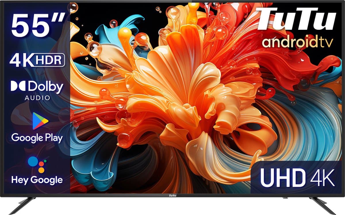 TuTu Android Smart TV - LED UHD 4K - 55 inch/140 cm - Frameless Design - Tripple Tuner DVB-T/T2/S/S2/C - HDMI x3, USB x2, CI+ - Voice Controle & Streaming apps - Geassembleerd in Eindhoven - TUS55UD1A — afbeelding 1