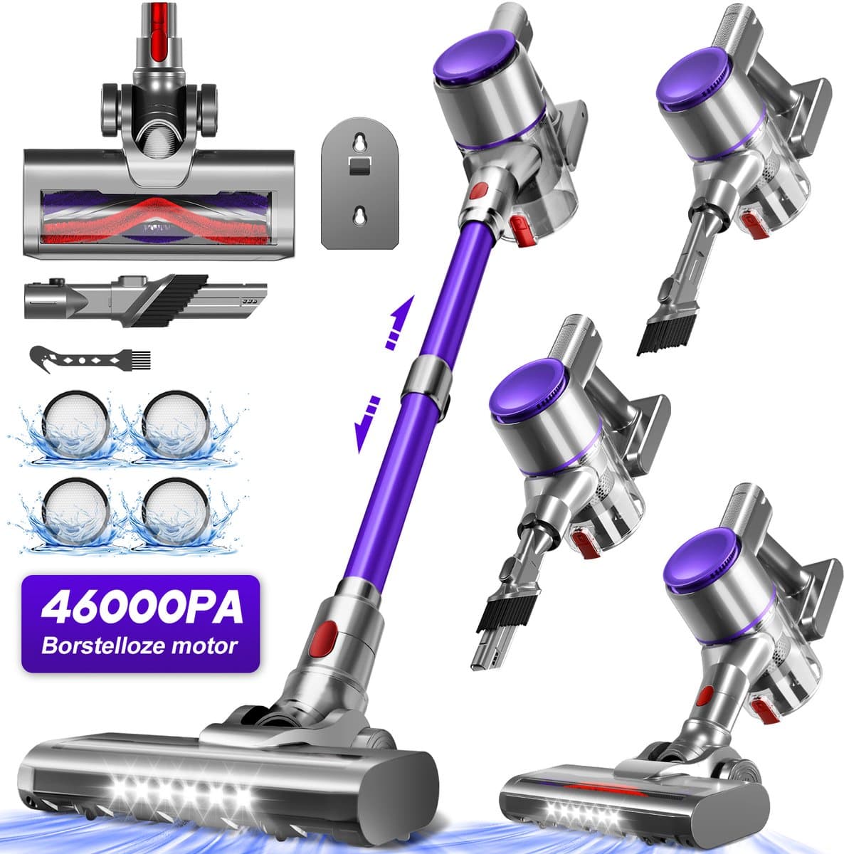 Elekiatech Steelstofzuiger- 46000Pa - 50 Minuten Gebruikstijd - 8 Kegel Filtersysteem Steelstofzuiger Draadloos - 1,5 L Stofbak - 2200 mAh Accu - voor Tapijten en Harde Vloere - Paars — afbeelding 1
