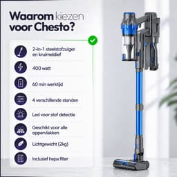 Chesto T1 Steelstofzuiger Draadloos 400W – 35.000 Pa – Ultralicht – LED-zuigmond – 3 Opzetstukken — thumbnail 4