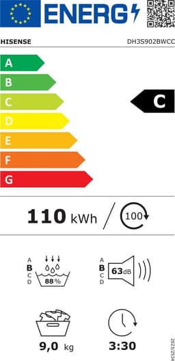 Hisense DH3S902BWCC - Condensdroger - 9 kg - Vrijstaand - Voorbelading - Warmtepomp - Wit - Draaiknop - TouchControl - 63 dB(A) - Ion Refresh - Allergy Care - Auto Dry — thumbnail 8