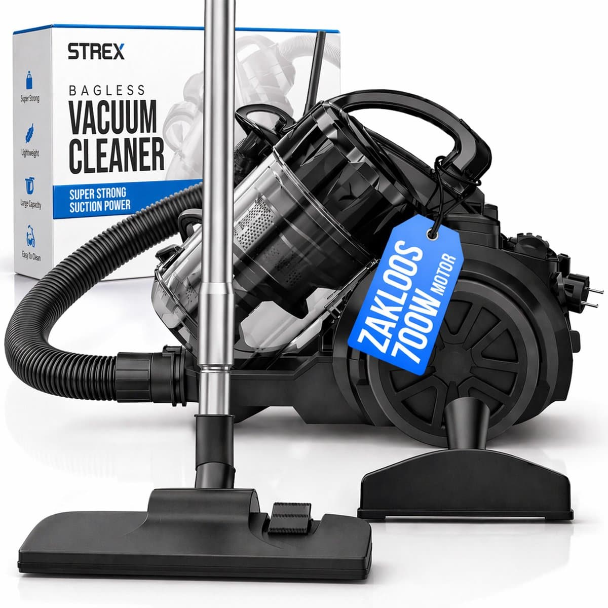 Strex Stofzuiger Zonder Zak - 700W Krachtige Zakloze Stofzuiger - HEPA Filter - 2.5L Stofreservoir - Extra Lang Snoer - Inclusief 4 Opzetstukken — afbeelding 1