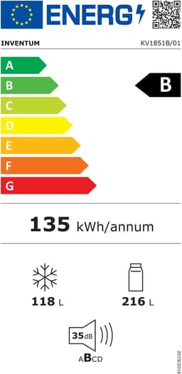 Inventum KV1851B No Frost energiezuinige koel-vriescombinatie - 185cm hoog - 334L - Zeer stil: 35 dB - Superkoelen - Supervriezen - Vrijstaand - Zwart — thumbnail 2