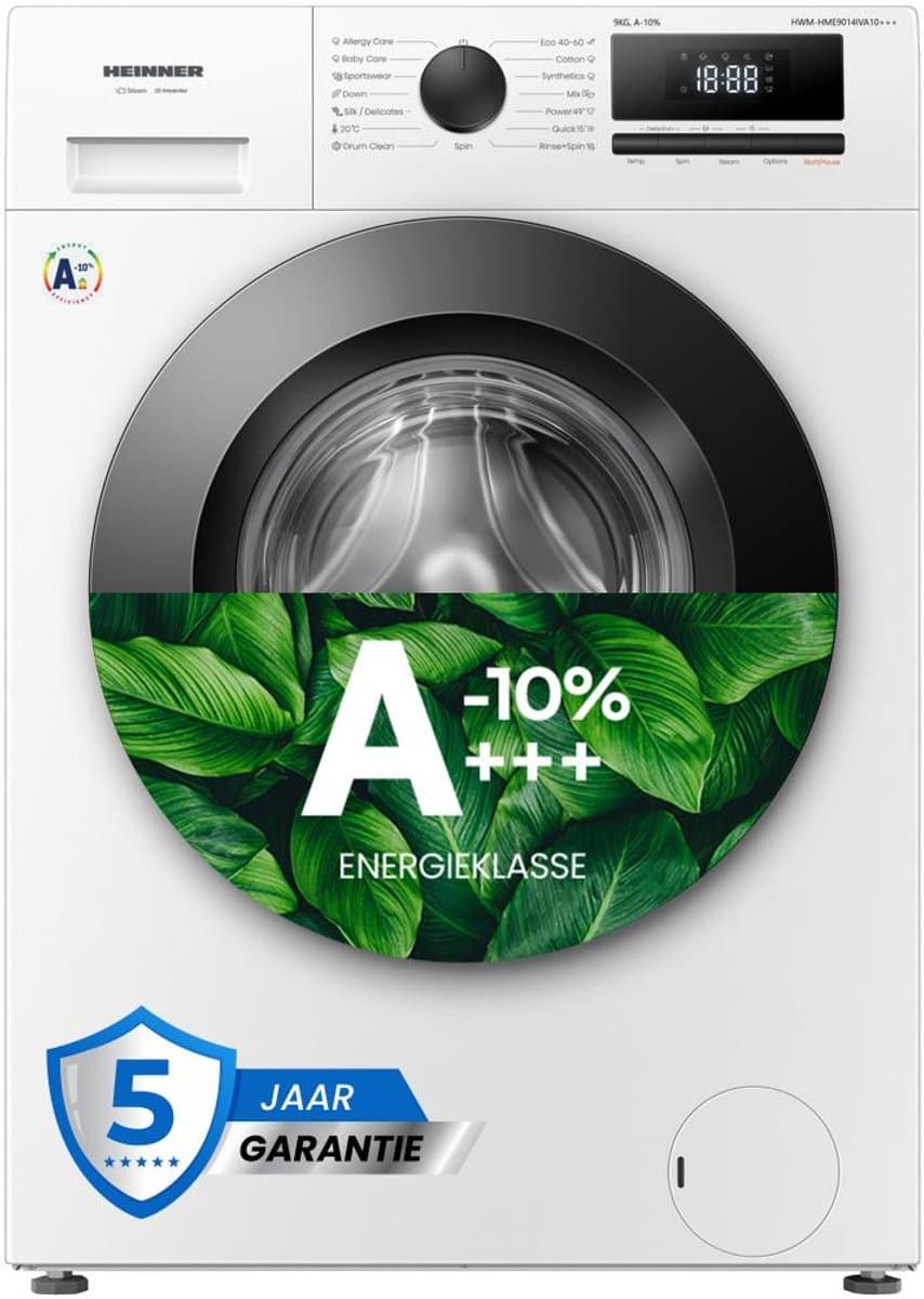 Heinner HWM-HME9014IVA10+++ Wasmachine - 9 kg - 1400 tpm - Energieklasse A-10% - Stoomfunctie met Allergy Care & Baby Care - 15 Programma’s - Quick Wash 15 min - Inverter Motor - Wit - 5 Jaar Garantie — afbeelding 1
