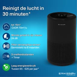 Erikssøn Luchtreiniger Prime - Met Hepa Filter 2x - 70 m3/u - Vermindert Stof En Pollen - Air Purifier - Zwart — thumbnail 2