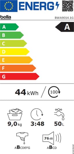 Bella BWA9014.1G - Wasmachine - 9KG - Energielabel A - Stoomfunctie - 1400 toeren - 16 programma's - Donkergrijs — thumbnail 2