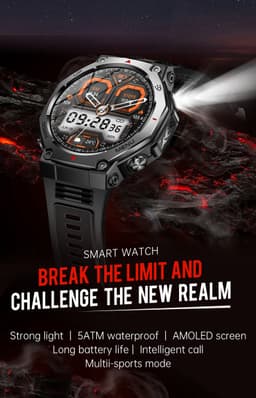 Knobbout 1.43” AMOLED Smartwatch – 466×466 HD Scherm – 5ATM Waterdicht (tot 50m) – LED Zaklamp + UV-Licht + SOS Noodflits – Bluetooth Bellen – 525mAh Lange Batterijduur – Outdoor & Sporthorloge voor Android/iOS-Grijs — thumbnail 14