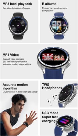 Knobbout 1.43 inch AMOLED-scherm met 3D-ontwerp Smartwatch - Slimme opnamefunctie- 4 GB interne opslag - MP4-video-ondersteuning - Nieuwste ATS3085S Gen 2-chipset - Ingebouwde kompasfunctie - Zwart lederen + siliconen horlogeban — thumbnail 8