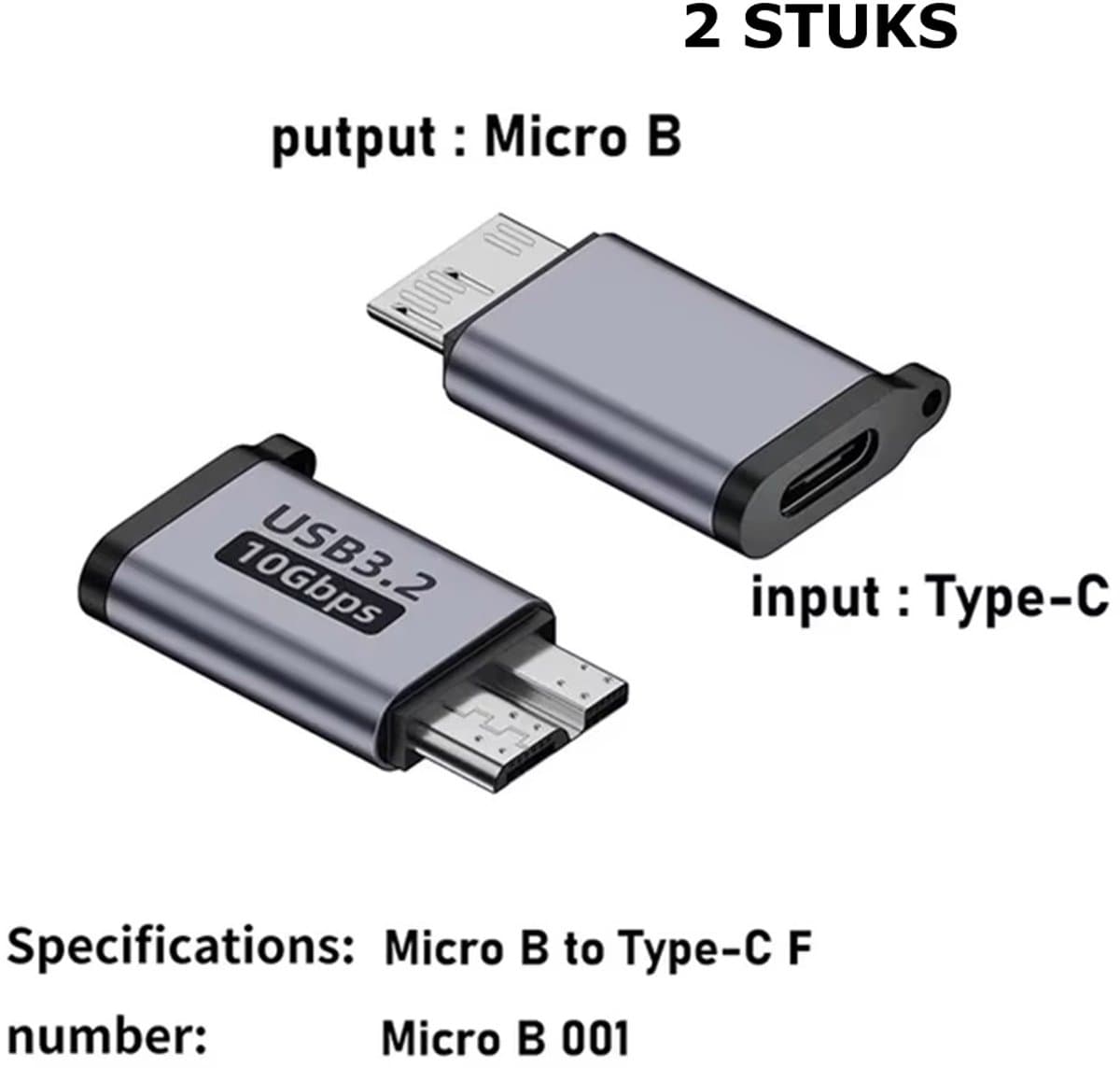 Adapter USB C naar Micro B (2 stuks); USB 3.0 kabel 10 Gbps voor USB C harde schijf; compatibel met Toshiba; HDD; Seagate; WD; Galaxy S5 Note 3; HDD enz. — afbeelding 1