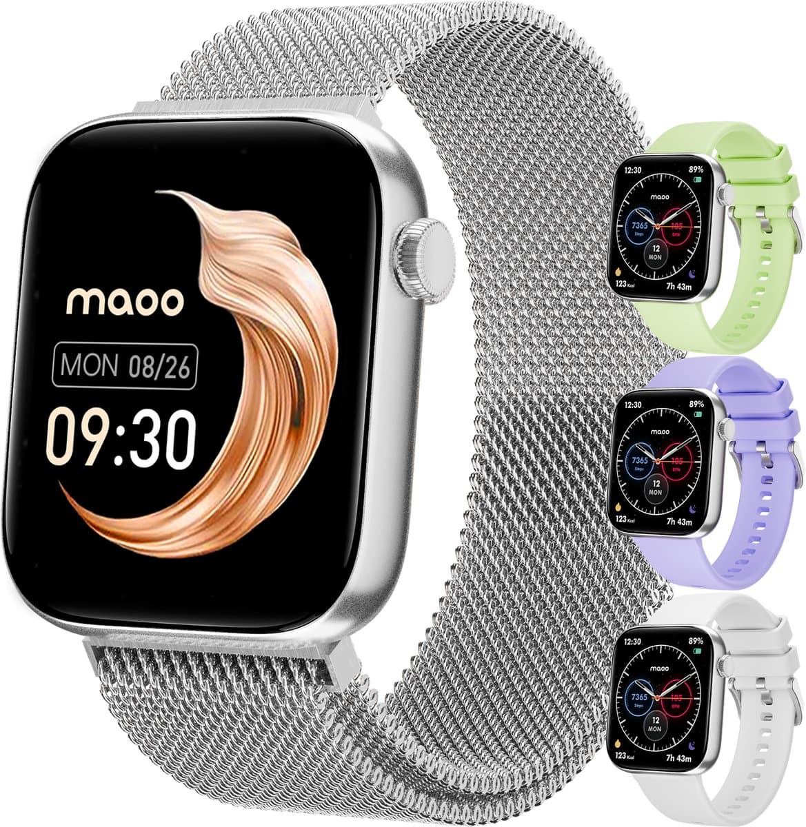 Maoo ProWatch AMOLED Smartwatch Dames en Heren - Milanese Bandje en 3 Siliconen Bandjes - Stappenteller - Hartslagmeter- Bloeddrukmeter - Slaapmonitor - Multisport - Geschikt voor Android en iOS - Zilver — afbeelding 1