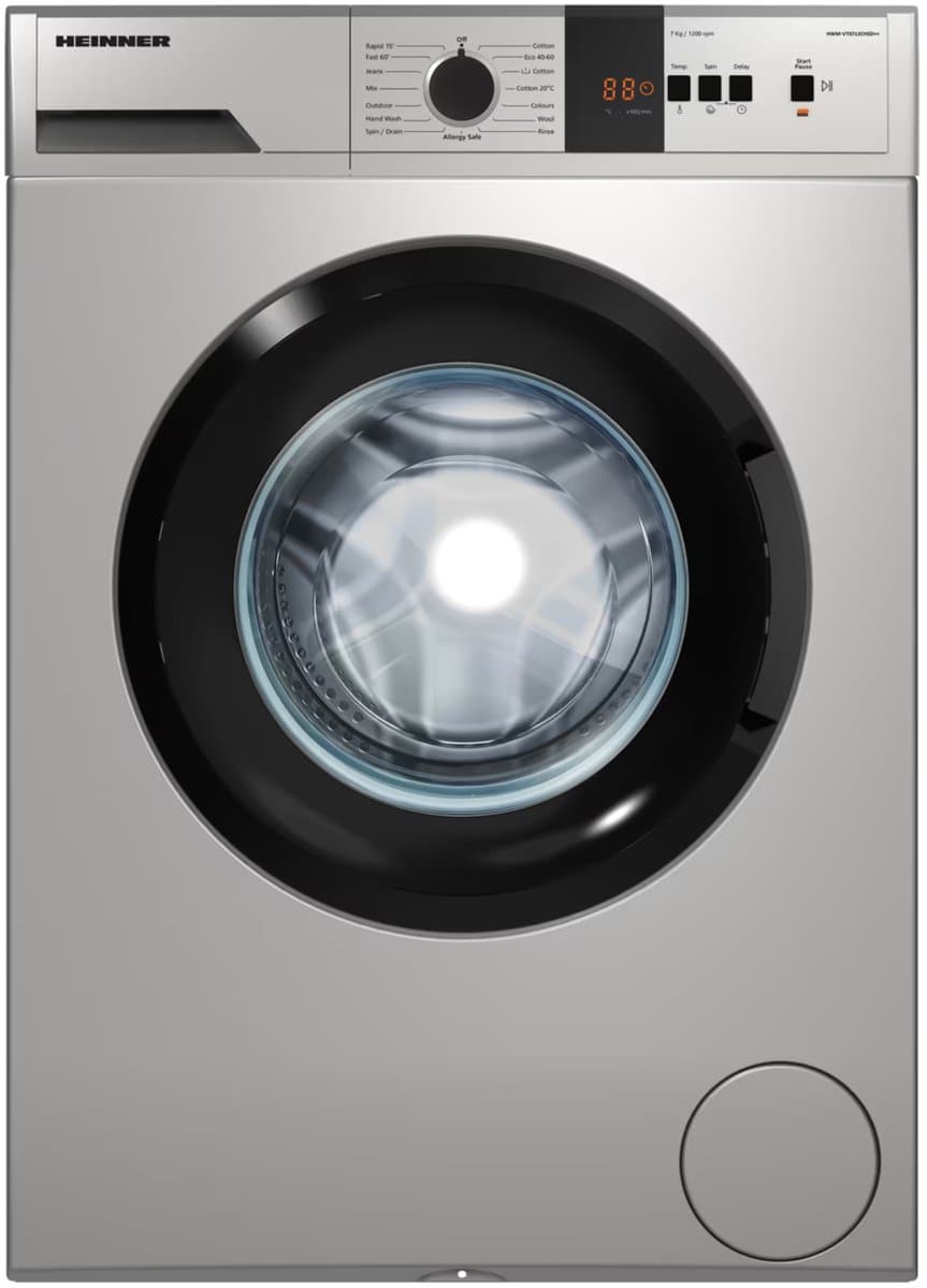 Heinner HWM-VT0712CHSD++ Wasmachine 7 kg – 1200 tpm – LED-display – Anti-Kreuk – Balance Control – Eco Logic Systeem – Zilver – 5 Jaar Garantie — afbeelding 1