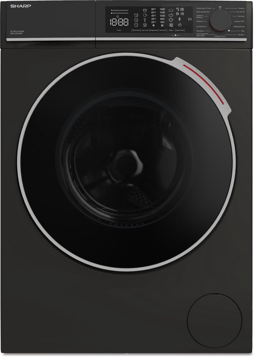Sharp ESNFL814CBDABX - wasmachine - energie label A-20% - 8kg - 1400 toeren - 15 programma's - Mat Zwart — afbeelding 1