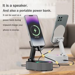 Mobiele telefoonhouder, 2025 verbeterde draadloze inductie-audio-Bluetooth-luidsprekerhouder met kleurrijk omgevingslicht, oplaadbaar voor noodgevallen, 360° opvouwbaar (wit) — thumbnail 2