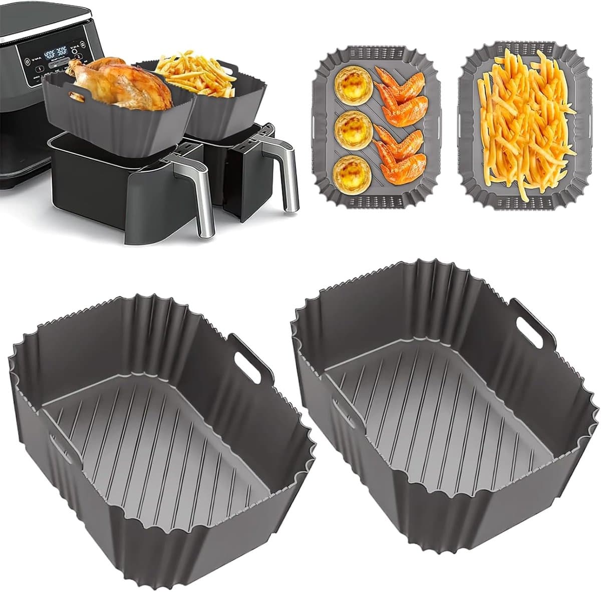 Voor Ninja Foodi Max Dual Zone Air Fryer Accessoires - Set van 2 vierkante siliconen bakplaten - Compatibel met AF300EU, AF400EU en andere Dual Zone-modellen - Grijs — afbeelding 1