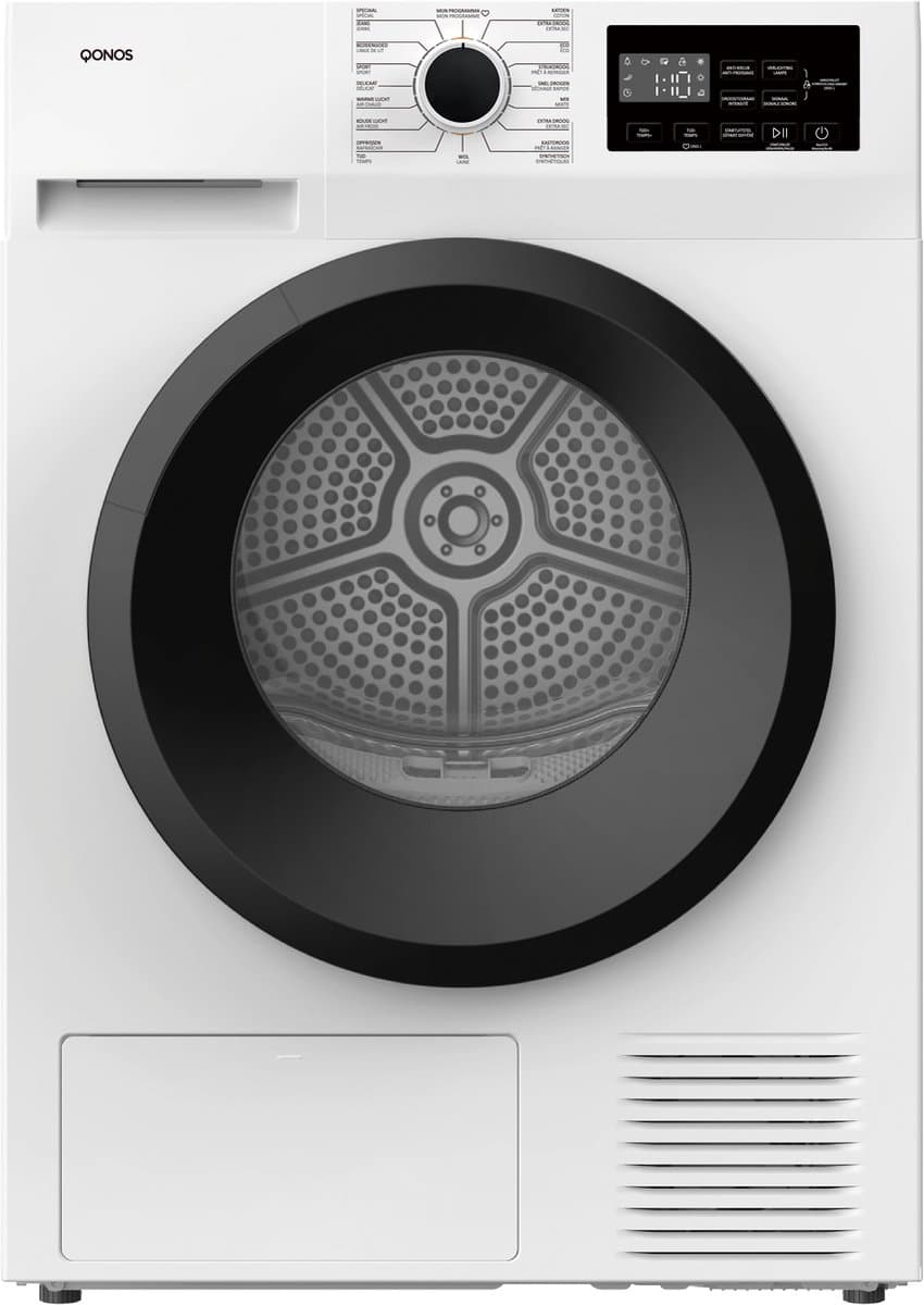 Qonos Warmtepompdroogkast DR1098435– 8kg – Energieklasse E – 16 Programma’s – Stil & Efficiënt – Roestvrijstalen Trommel – Zwarte Deur — afbeelding 1
