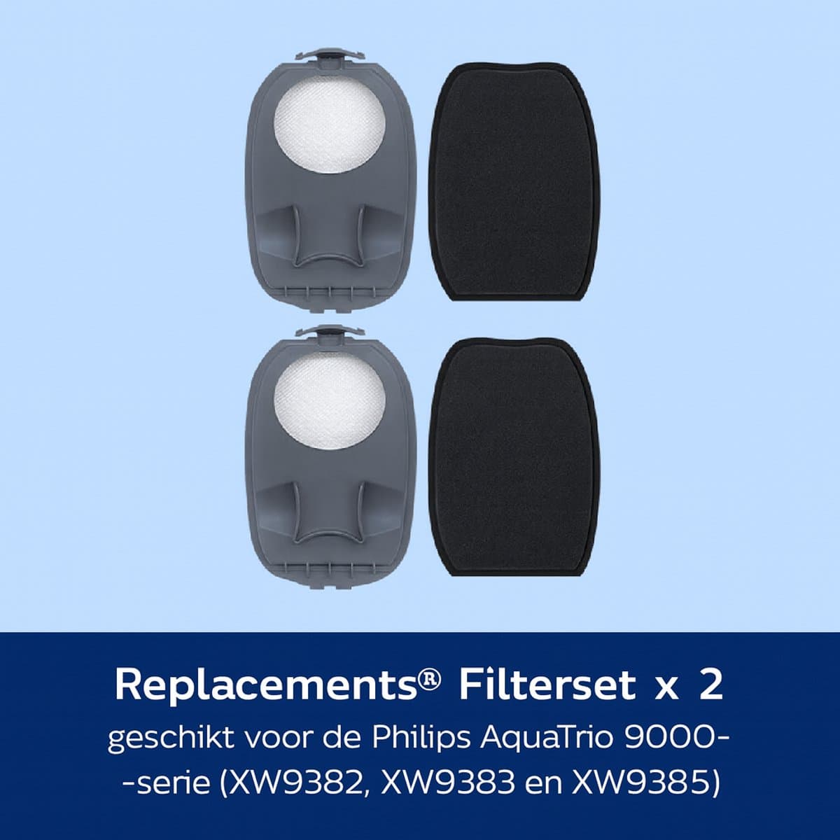 Replacements® set met 2 x 2 filters geschikt voor de Philips Aquatrio 9000 series (XW9382, XW9383 en XW9385) — afbeelding 1