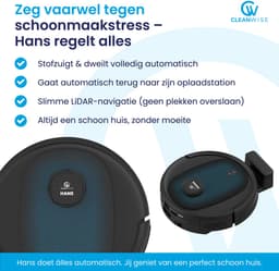 CleanWise Hans Robotstofzuiger met Dweilfunctie & Oplaadstation – Nederlands Product - Dweilrobot – LiDAR Navigatie – 7000 Pa – HEPA 14 Filter – Tapijtherkenning – No-Go Zones – App & Spraakbediening (Google/Alexa) – Voor Huisdierharen — thumbnail 2