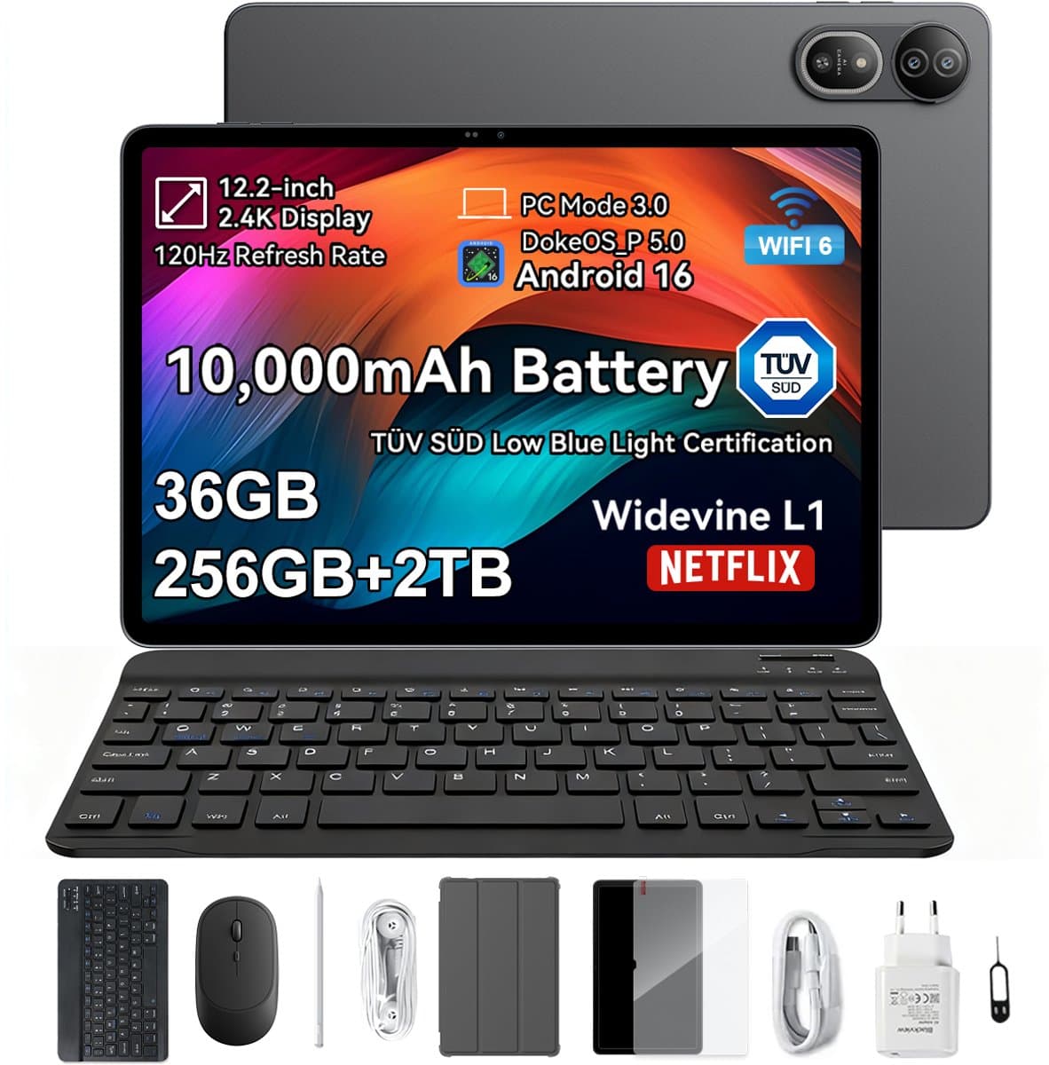 Blackview MEGA 12 - Tablet - Gaming Tablet - Android 16 - 12.2 inch - 36GB RAM - 256GB ROM - 5G Tablet - 10000mAh - Grijs — afbeelding 1