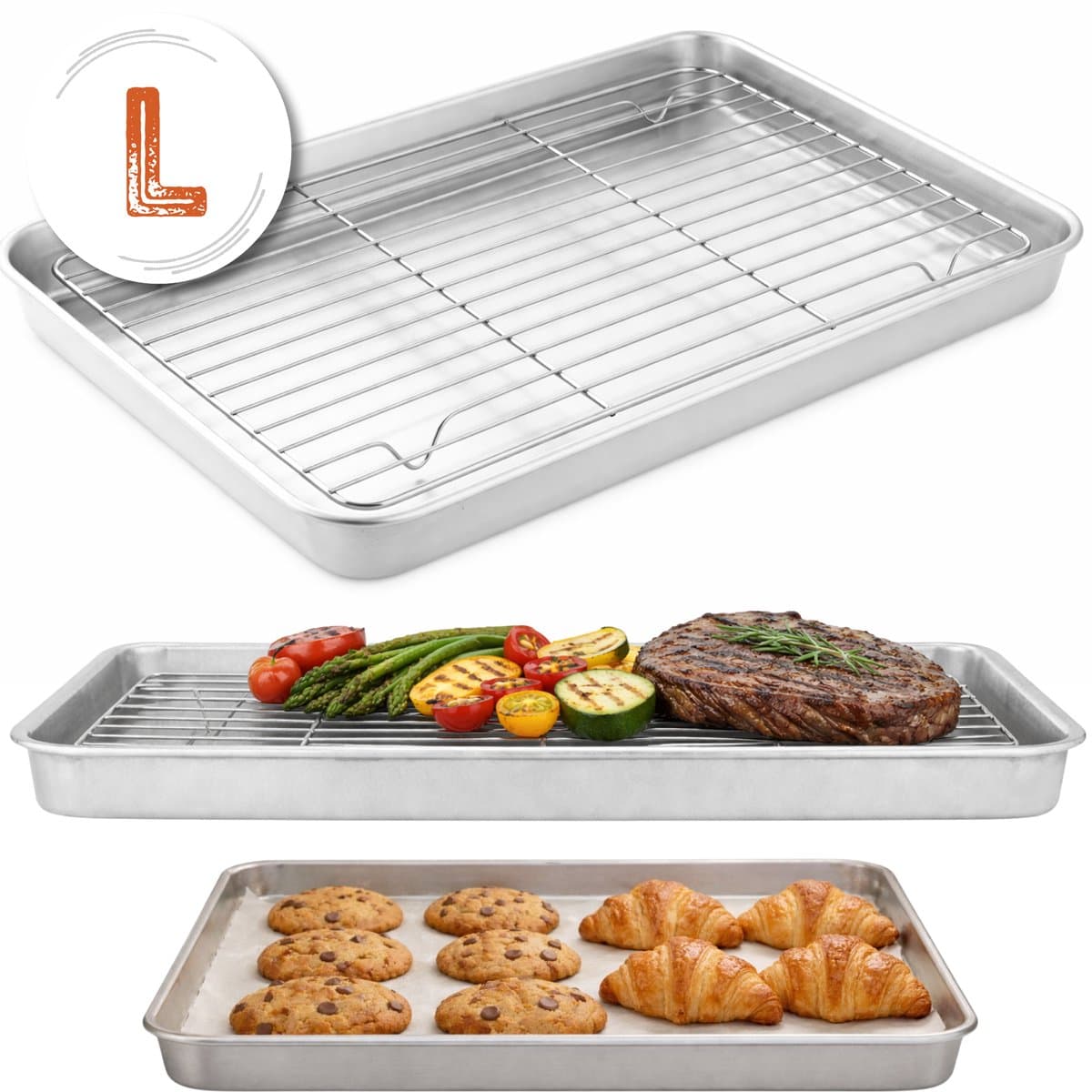 Braadslede met Afkoelrooster 304 RVS - 26,4 x 20,5 x 3 cm – Bakplaat voor Oven, BBQ & Airfryer – Zilver — afbeelding 1