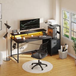Gaming Bureau met LED Verlichting - 150L x 115H x50B cm - Hoekbureau met Stopcontact - 3 Non Woven Lade - Gaming Desk - Computer Tafel - Gaming Tafel - met Opbergplanken & IJzeren Haak - Zwart - Bureau voor Gamen, Studeren en Werken — thumbnail 3