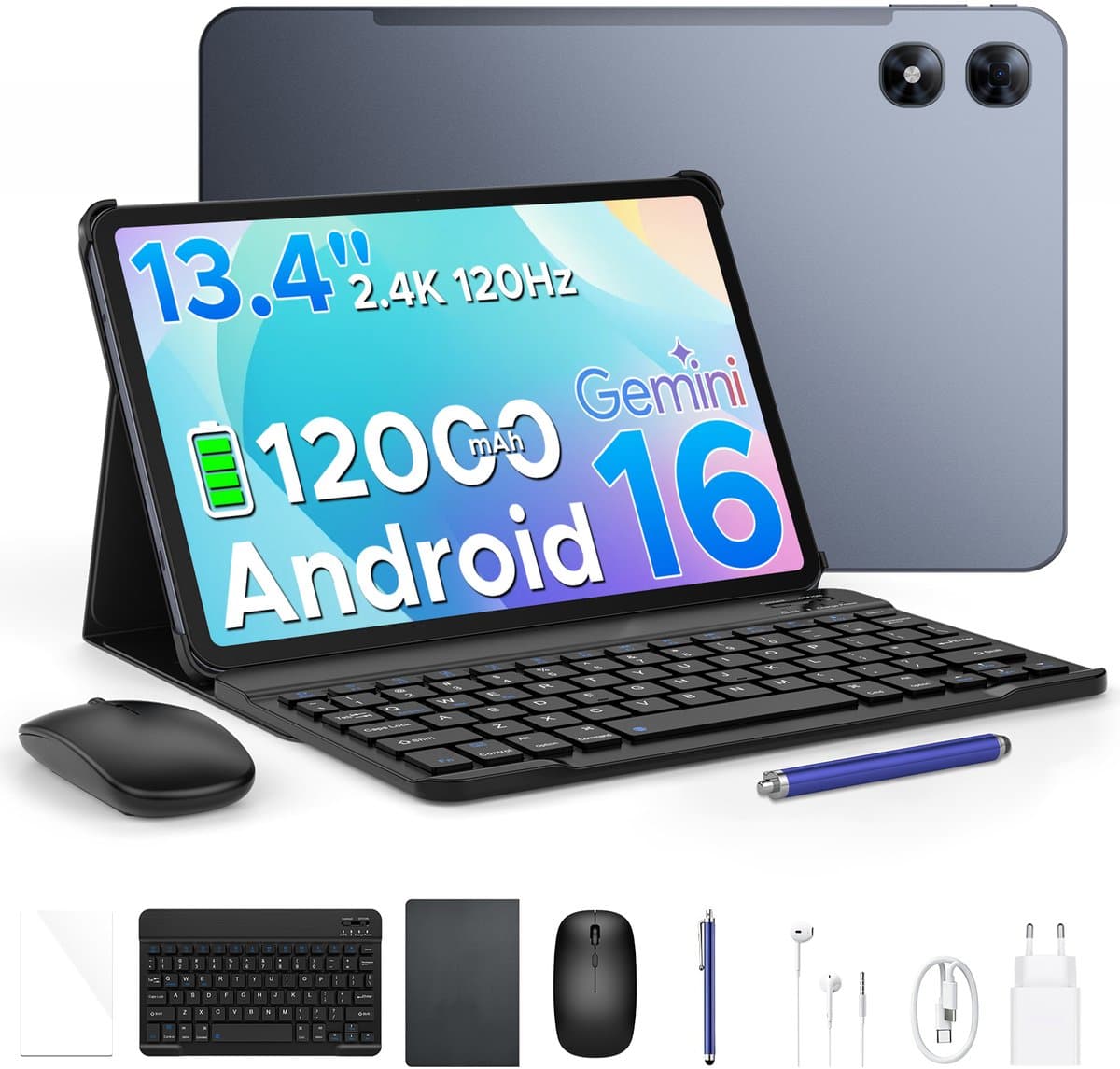 POCKAM P13 Pro Tablets - 12 GB RAM + 256 GB ROM (2 TB/TF) - 13,4 inch tablet FHD+ 120 Hz – Android 16 - UNISOC T7280 - 12000 mAh/18W - 4G LTE - Wi-Fi 5 - Bluetooth 5.0 - Inclusief toetsenbord, muis, Stylus en hoesje - Dubbele luidsprekers - Grijs — afbeelding 1