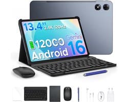 POCKAM P13 Pro Tablets - 12 GB RAM + 256 GB ROM (2 TB/TF) - 13,4 inch tablet FHD+ 120 Hz – Android 16 - UNISOC T7280 - 12000 mAh/18W - 4G LTE - Wi-Fi 5 - Bluetooth 5.0 - Inclusief toetsenbord, muis, Stylus en hoesje - Dubbele luidsprekers - Grijs