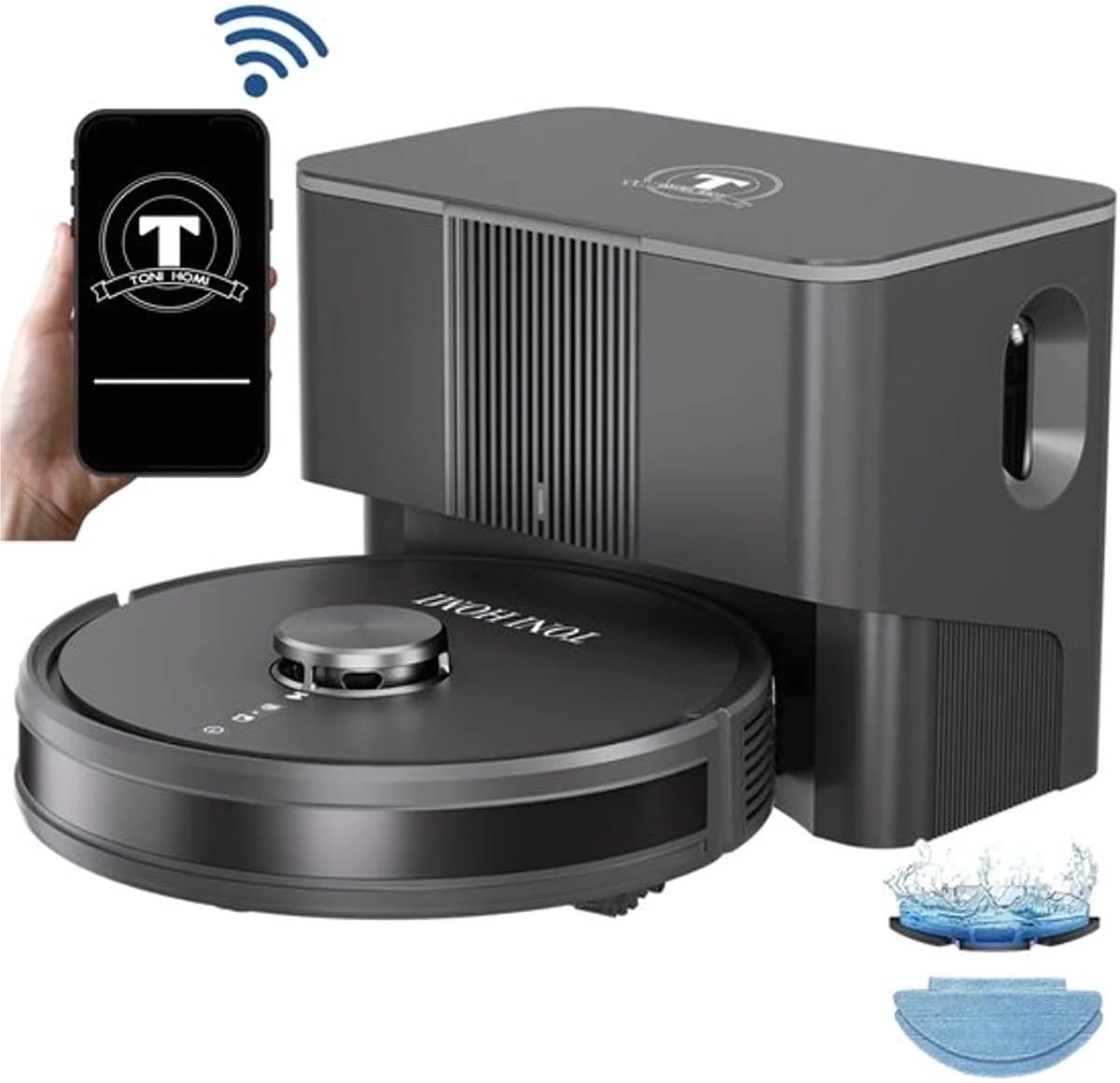 TONIHOMI® Q8 - Robotstofzuiger met dweilfunctie - Automatisch legen - Robotstofzuiger met laadstation - LDS Laser navigatie - Met app - Zwart — afbeelding 1