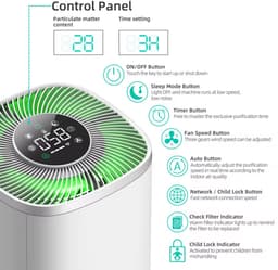 Smart Air Purifier DN-905 - Luchtreiniger met HEPA-filter - Voor Baby & Slaapkamer - Stil (≤ 65 dB) - App & Afstandsbediening - 36 m² Dekking - Wit — thumbnail 3