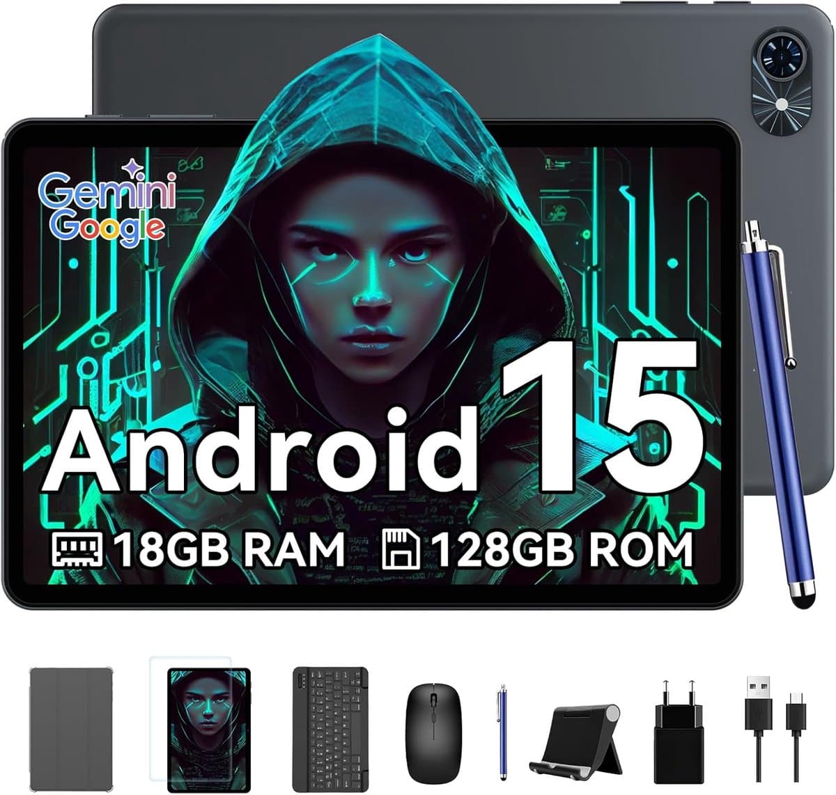TABWEE Tablet T80 - 18GB RAM - 128GB ROM - 6000mAh - 5G WiFi - Met Toetsenbord(QWERTY) - Muis - Pen - Hoes - Android 16 - Bluetooth 5.0 - Grijs — afbeelding 1