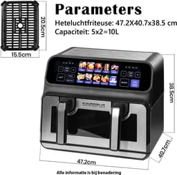 Digitale Airfryer XXL 10L Sinaopus 802 – Heteluchtfriteuse met Dubbele Mand en DualMand Onafhankelijke Snelle Opwarming – Voor Gezinnen – 10 Programma’s – Kijkvenster – Makkelijk te Reinigen – Capaciteit voor 6 Personen — thumbnail 7