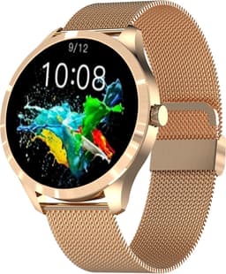 Belesy® BQSiRgPk Pro - Smartwatch Dames – Smartwatch Heren - Horloge - 1.28 inch - Kleurenscherm - Stappenteller - Bloeddruk - Hartslag - 75+ Wijzerplaten – Sporten – Goud – Siliconen – Roze – extra polsband Milanees goud - Kerstcadeau — thumbnail 9