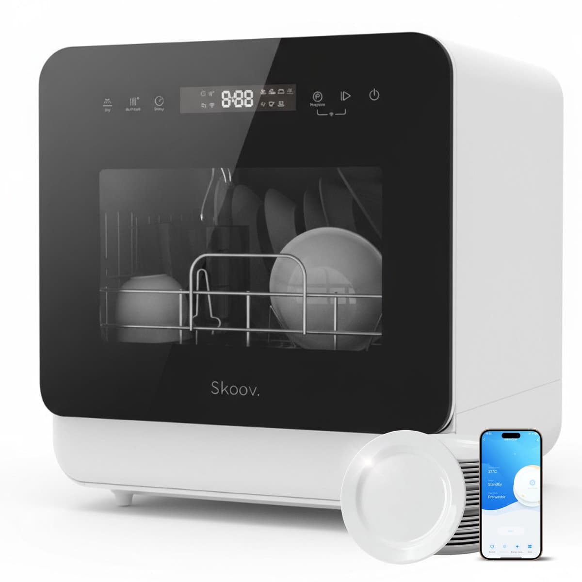 Skoov Mini Vaatwasser met waterreservoir - 3 couverts - 6 wasprogramma's - 45cm - Kleine smalle vrijstaande afwasmachine - Camping - Wit — afbeelding 1