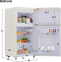 Koelkast, dubbeldeurs 46 x 45 x 91 cm, totale inhoud 72 liter, vriesvak 21 liter, jaarlijks stroomverbruik 120 kWh, ledverlichting, energielabel E, verkrijgbaar in meerdere kleuren, geschikt voor keukens, kinderkamers en appartementen. — thumbnail 3