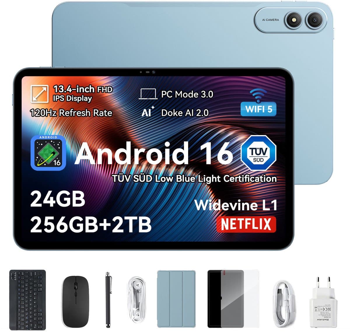 OSCAL Pad 200 Tablet - 24GB RAM - 256GB ROM - 13.4 Inch Full HD - 8300mAh AI Tablet - Android 16 - Met Toetsenbord(QWERTY), Beschermhoes, Muis, Stylus - Blauw — afbeelding 1
