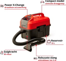 Einhell Accu Nat-/Droogzuiger TE-VC 18/10 Li Solo - Power X-Change - 18 V/Li-Ion - 10 L - 90 mbar - Slanglengte/-diameter: 2.0 m/36 mm - 72 dB - Blaasfunctie - Incl. 6-delige Accessoireset - Excl. accu en lader — thumbnail 2