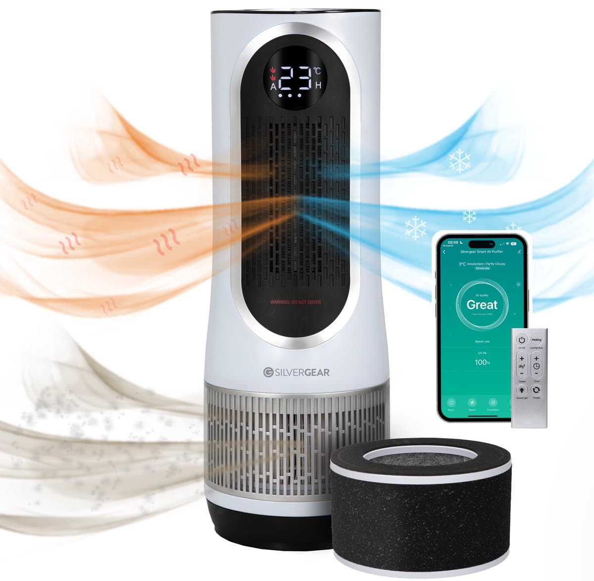 Luchtreiniger Hot & Cold 3-1 met Vervangbaar HEPA 13 Filter met App & Afstandsbediening - Air Purifier - Air Cleaner - Koolstoffilter - 80 m3 - 1500 W- Wit - Tegen Hooikoorts, Huisstofmijt, Allergie - Silvergear — afbeelding 1