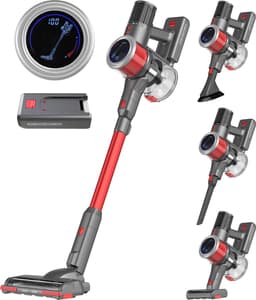 Auronic Steelstofzuiger Draadloos 350W - Draadloze Stofzuiger - HEPA Filter - Zelfstaand - Extra Accu - Op Accu - Zonder Zak - Kruimeldief - Vacuum Cleaner - Grijs/Rood — thumbnail 1